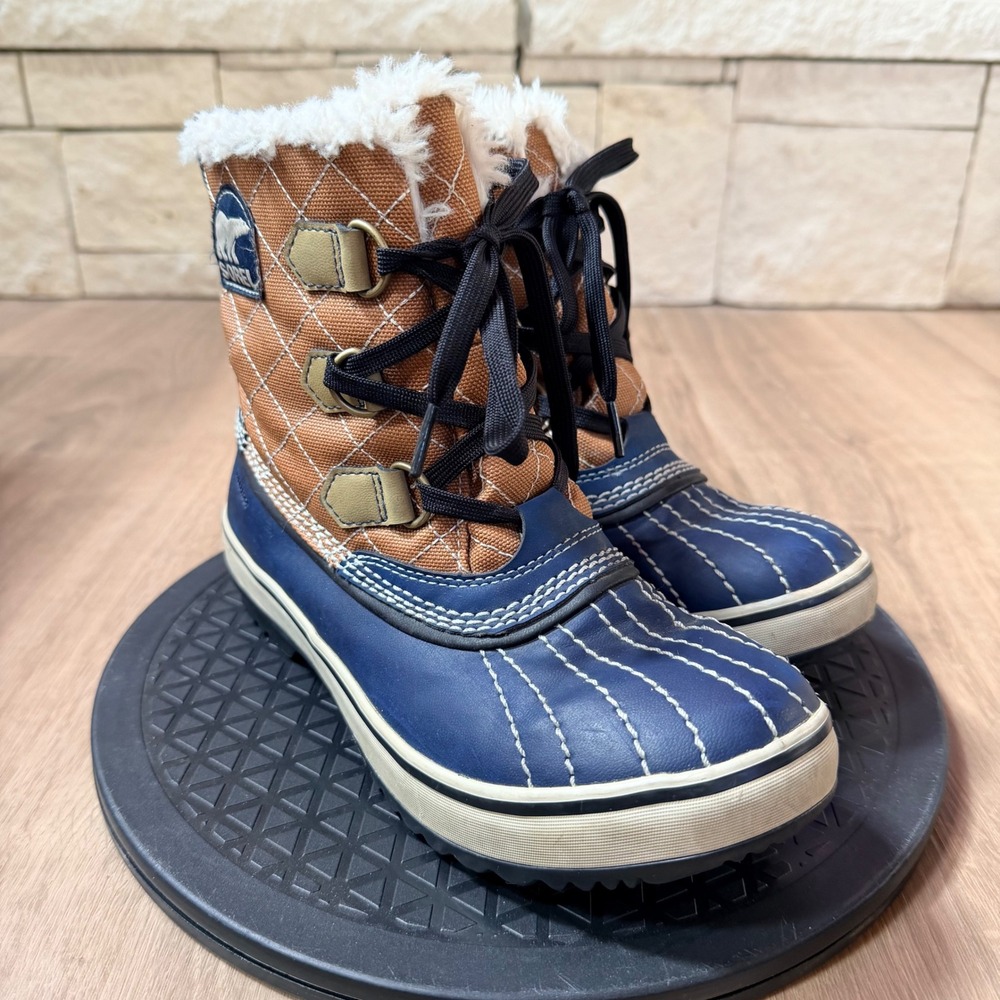 Sorel Tofino women's 6 Blue Tan Waterproof Quilted Faux Fur Winter Duck